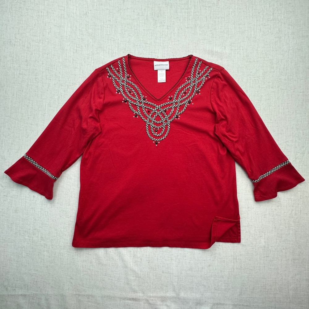Alfred Dunner Blouse Women Small Red Embellished V-Neck Bell Sleeve Festive Top
